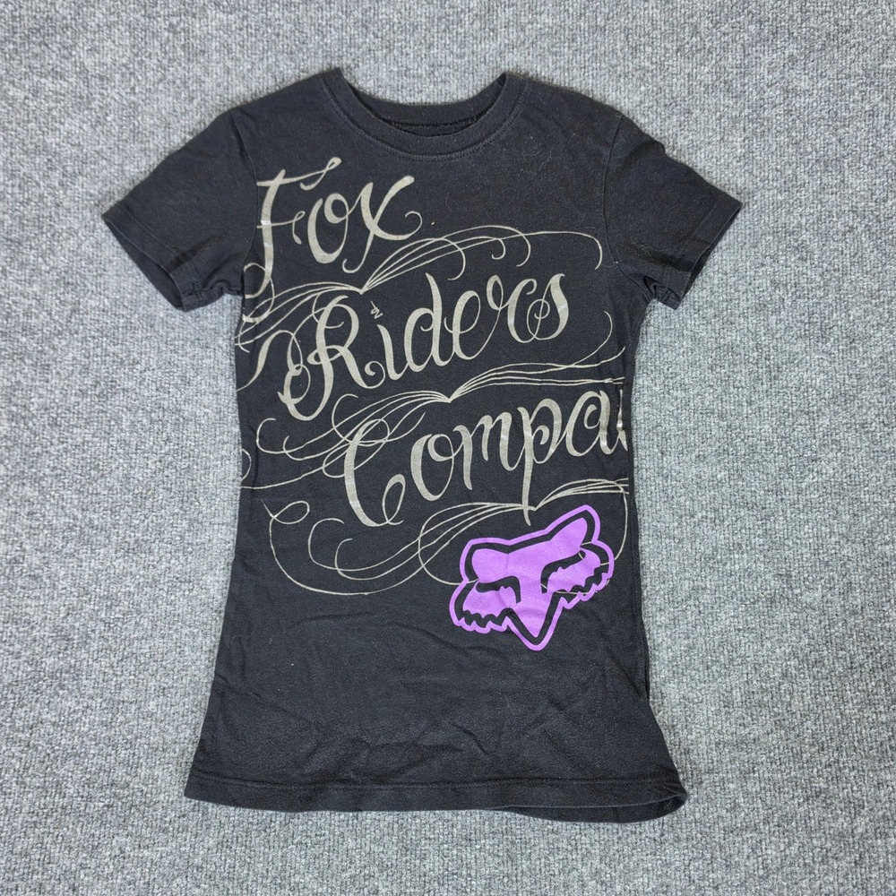 Y2K Fox Racing Graphic Tee Black Purple Logo XS Motocross Short Sleeve T-Shirt